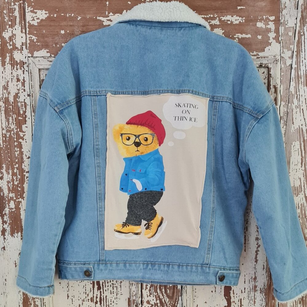 Handcrafted, unique denim Jacket with cool patches Size M
